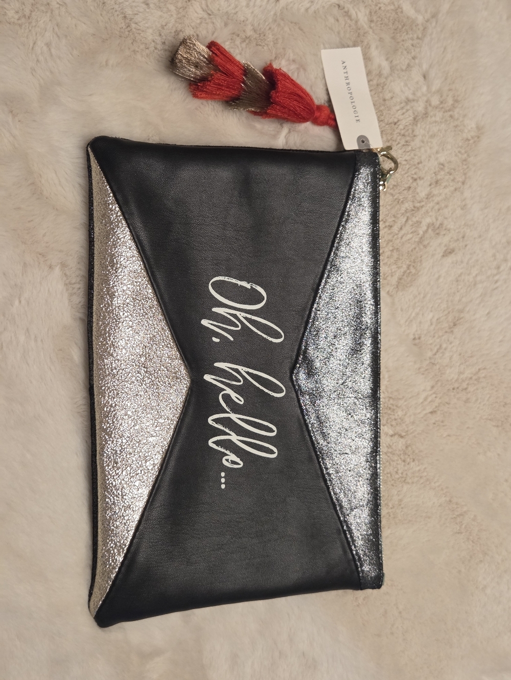 Anthropologie Black & Silver 'Oh, hello...' Envelope Clutch with Red Tassel